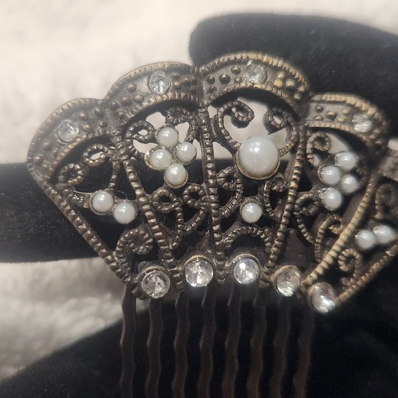 Vintage Style Filigree Hair Comb Antique Bronze Faux Pearl Rhinestone Art Deco - Picture 4 of 13